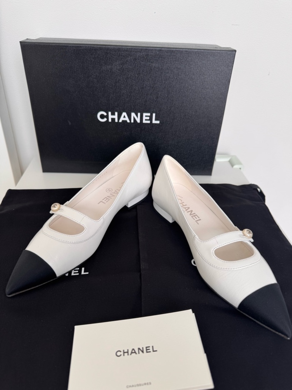CHANEL Lambskin Grosgrain Pointed Toe CC Ballet Flats 36.5